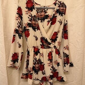 Honey Belle Floral Long Sleeve V-Neck Romper Beige Red Black Women